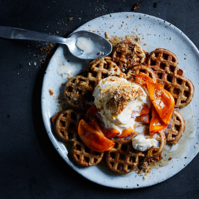Gingerbread Waffles with Honey-Glazed Persimmons and Ice Cream Recipe