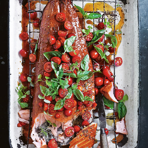 Honey-wood-smoked-salmon-with-quick-pickled-tomato