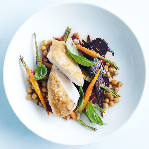 Honey-roasted chicken with chickpea and roast vegetable salad